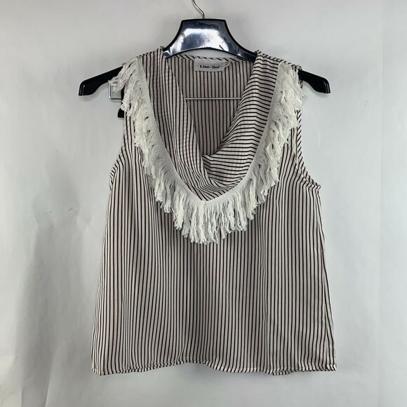 Line & Dot White Brown Stripe Cowl Neck Tassle Trim Blouse NWOT Size XS - Picture 2 of 7